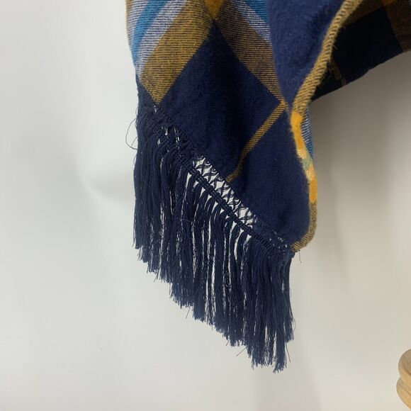 Volcom Poncho Womens XS/S Navy Plaid Cotton Button Front Tassel Fringe Trimmed - Picture 4 of 11